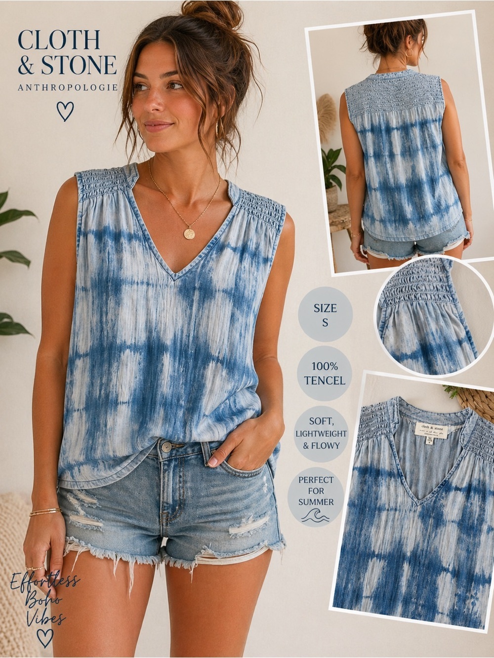 Cloth & Stone Anthropologie Blue Tie Dye Tank Top Size Small